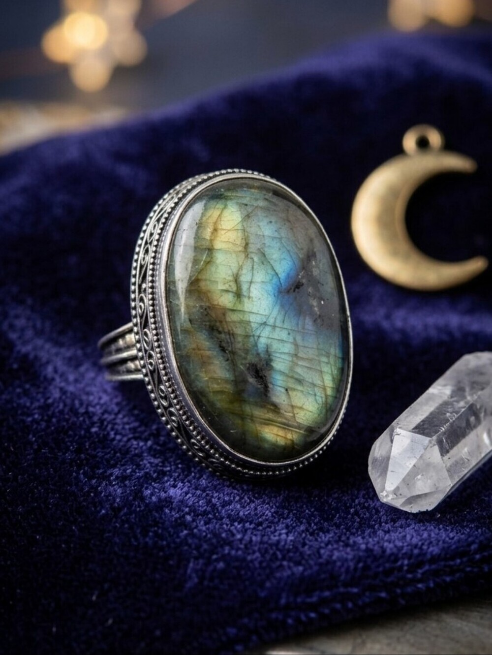 925 Sterling Genuine Labradorite Oval Statement Ring Blue Flash Filigree Size 8 - Picture 7 of 14